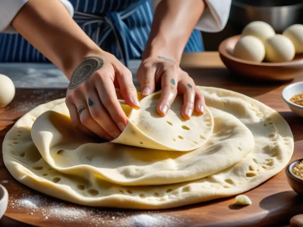 Un chef experto amasa una receta auténtica piadina romagnola en detalle, con las manos adornadas con tatuajes culinarios italianos