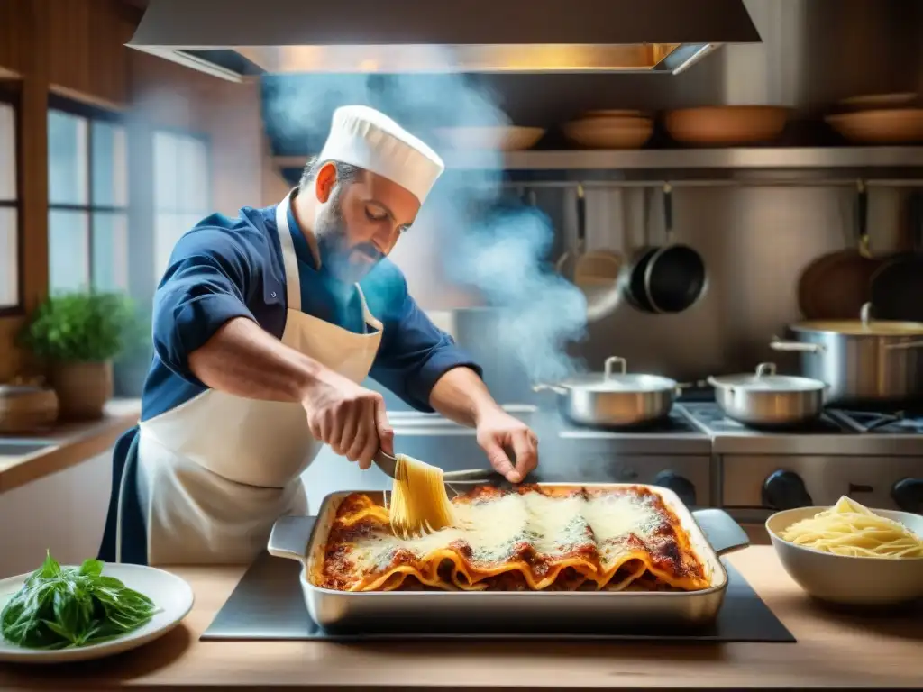 Un chef experto prepara una receta auténtica lasaña italiana en una cocina rústica y animada