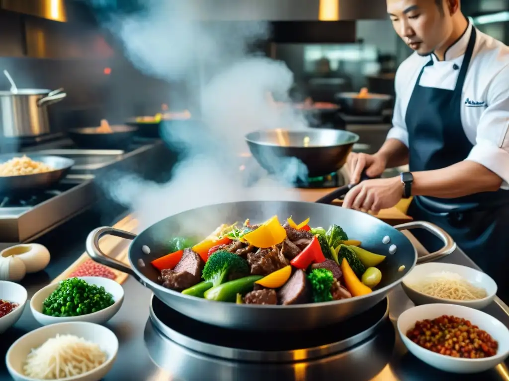 Un chef experto preparando una receta auténtica de chop suey italiano en una cocina bulliciosa