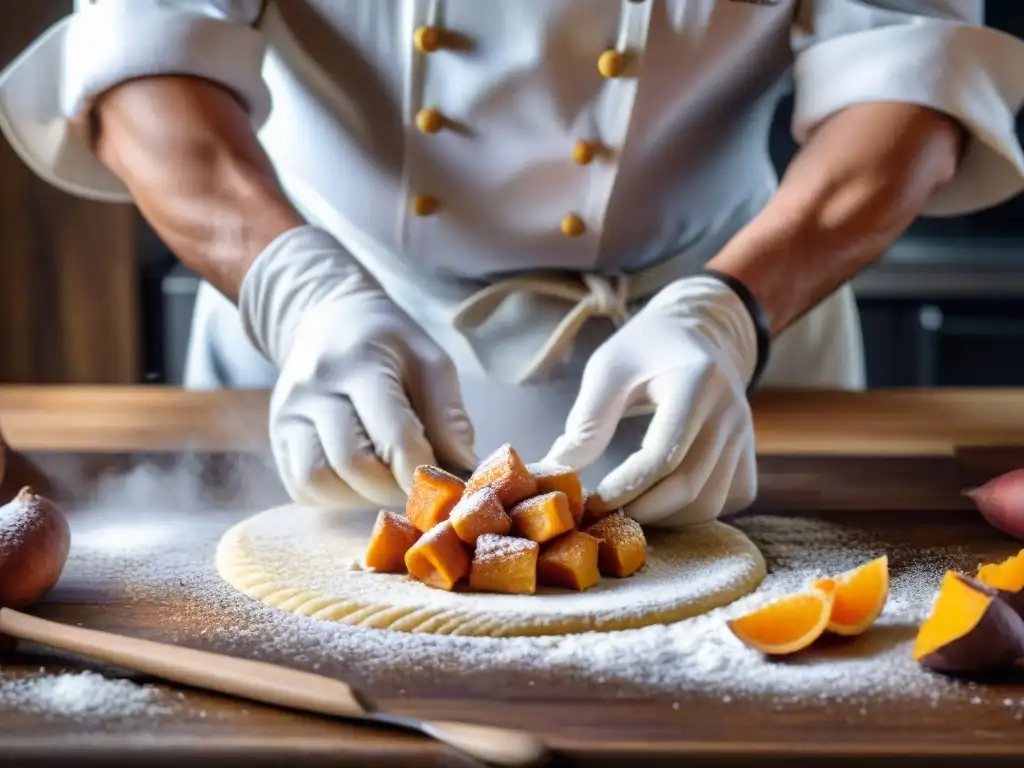 Un chef experto en receta gnocchi batata dulce moldea hábilmente la masa en una encimera de madera