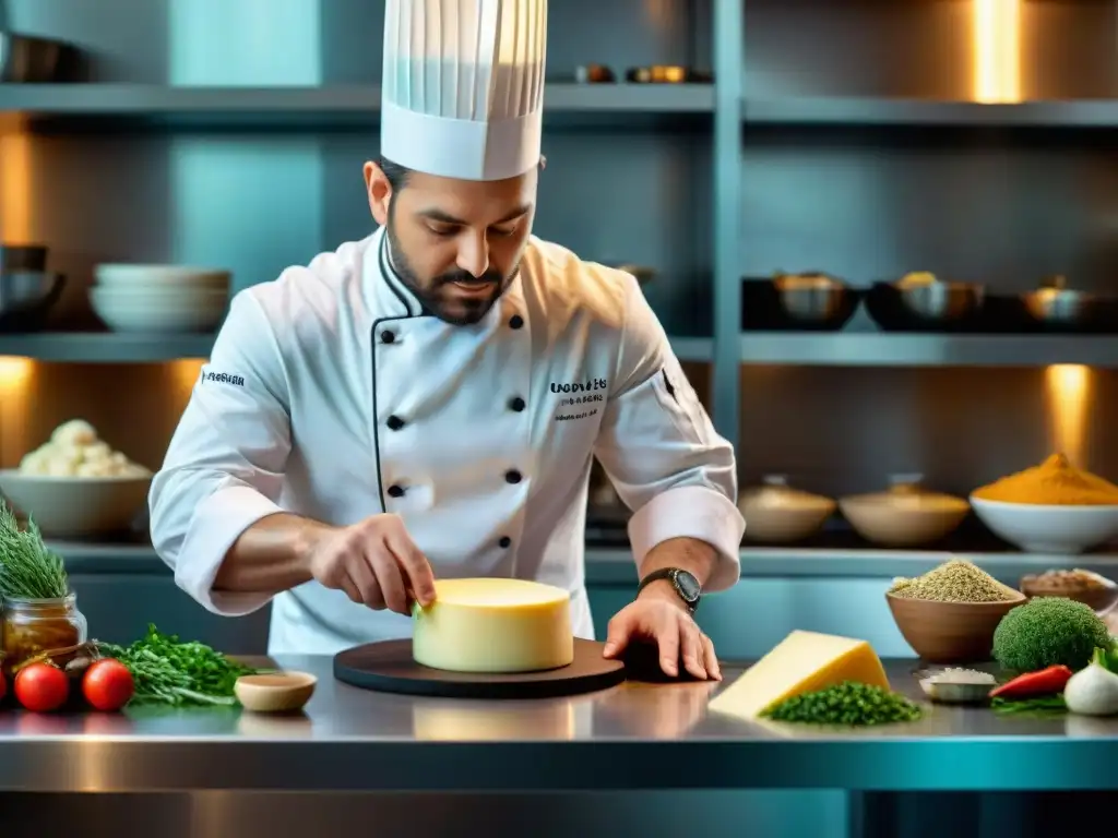 Un chef experto preparando una receta innovadora con caciocavallo en una cocina moderna