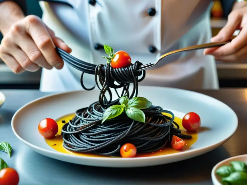 Chef experto preparando receta Spaghetti Nero Seppia bajo calorías en cocina vibrante con ingredientes frescos en armonía