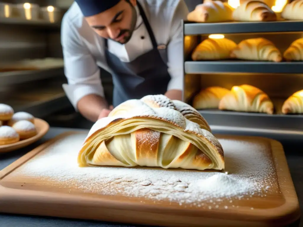 Chef experto preparando la receta tradicional sfogliatella napolitana en una auténtica panadería napolitana