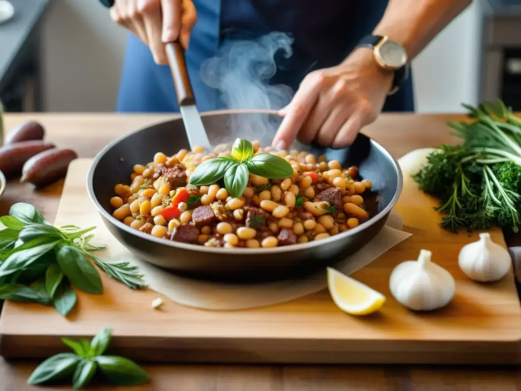 Un chef experto preparando la receta tradicional Fagioli con Salsiccia en una cocina rústica