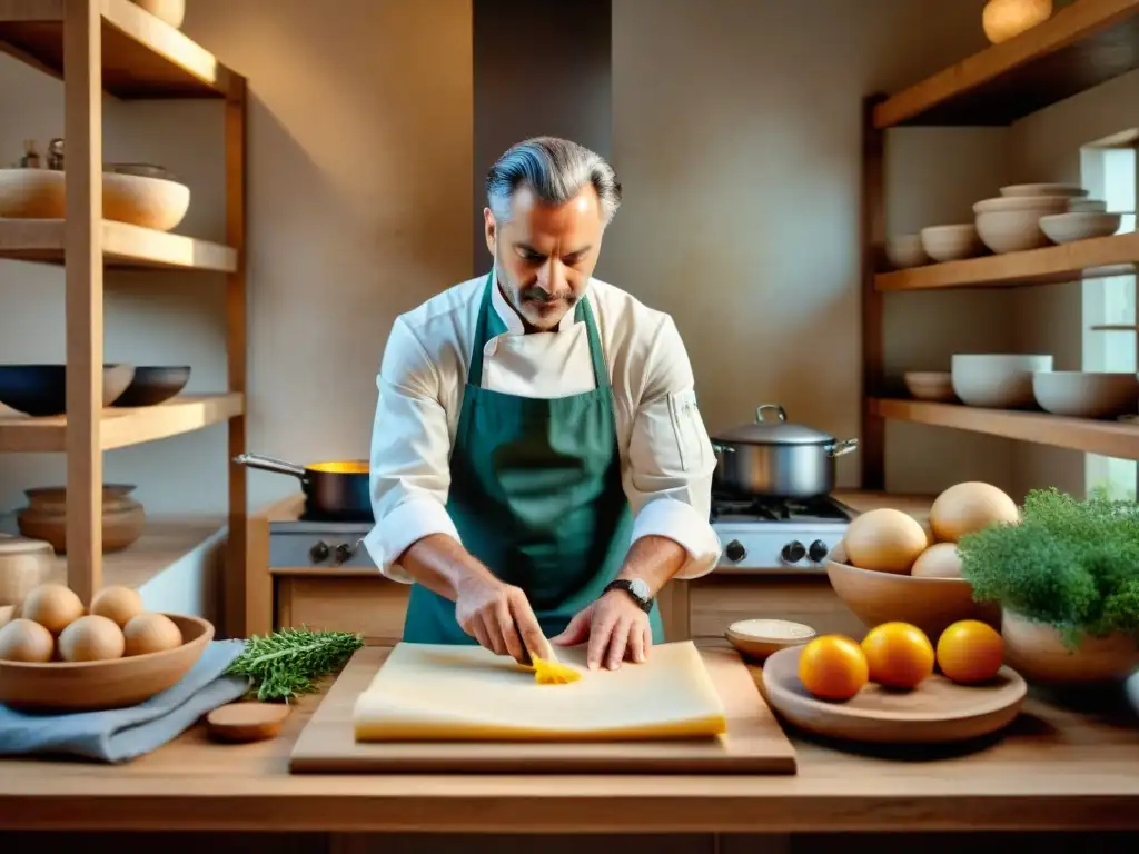 Un chef experto digitaliza recetas antiguas italianas en una cocina tradicional