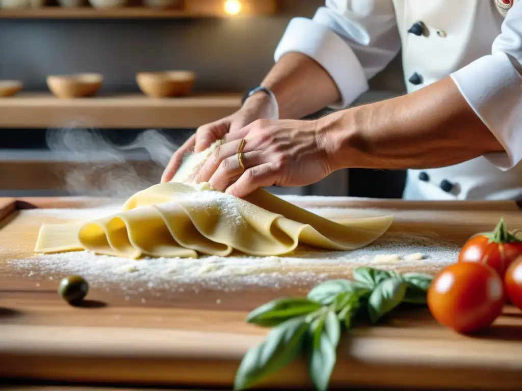 Un chef experto actualiza recetas cocina italiana tradicionales con pasta casera, mostrando tradición e innovación