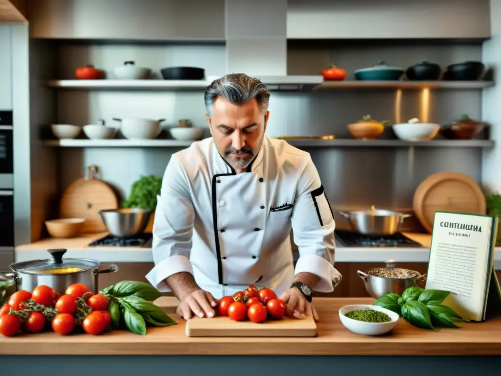 Un chef experto fusiona recetas italianas en una cocina moderna