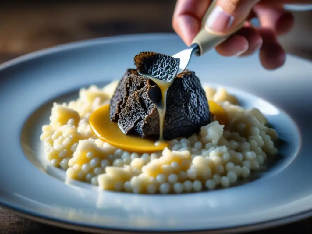 Un chef experto en Recetas con trufa gourmet decora un risotto cremoso con finas láminas de trufa negra en una cocina elegante y concurrida