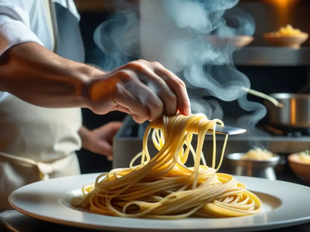 Un chef experto en un restaurante italiano exclusivo recomienda pasta fresca en una cocina rústica y acogedora