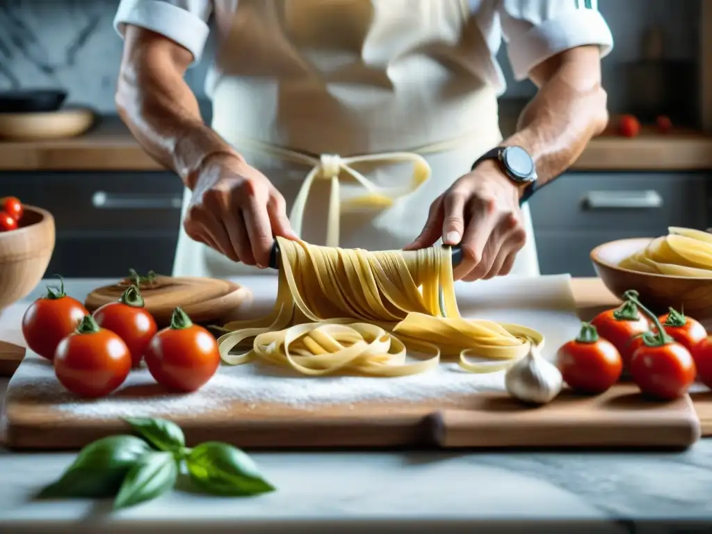 Chef experto en restaurante italiano crea una obra maestra de pasta fresca en cocina tradicional