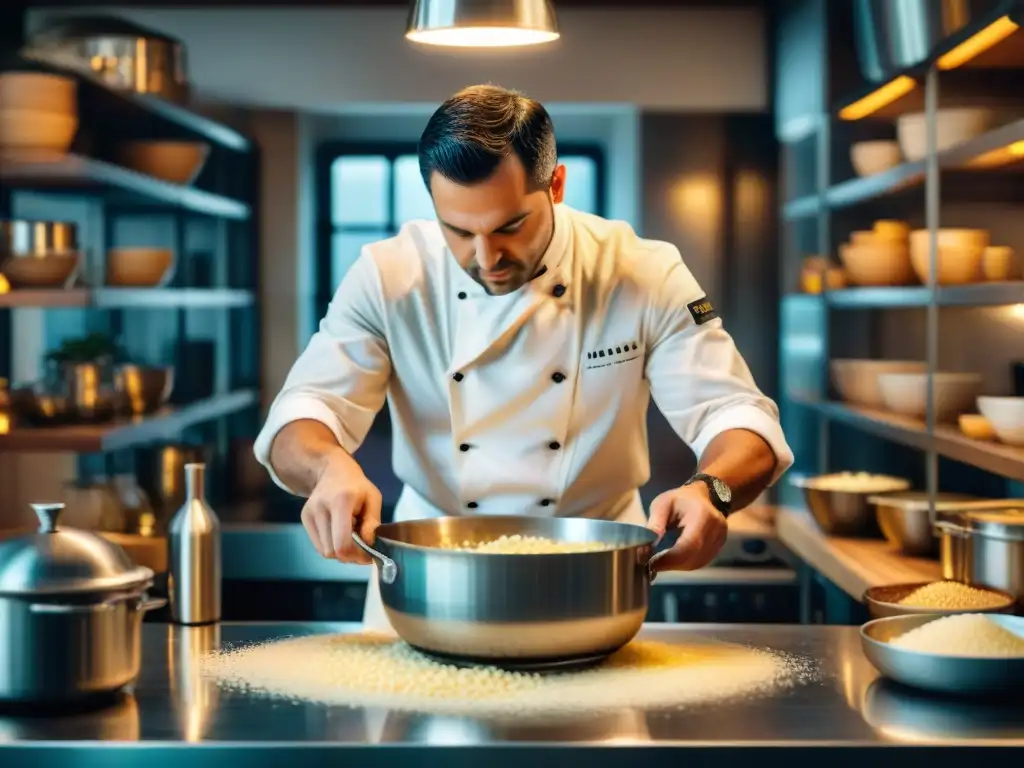 Un chef experto preparando risotto en una bulliciosa cocina italiana