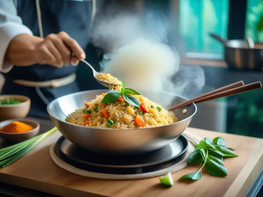 Un chef experto prepara un risotto curry tailandés con maestría en una bulliciosa cocina tailandesa, fusionando sabores y aromas exóticos