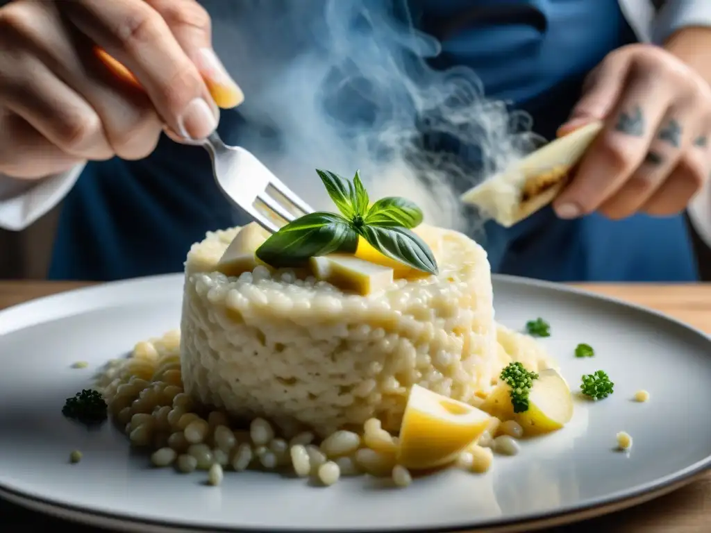 Chef experto desmenuzando Gorgonzola sobre risotto cremoso Un chef experto espolvorea queso Gorgonzola sobre risotto cremoso, con vapor ascendente
