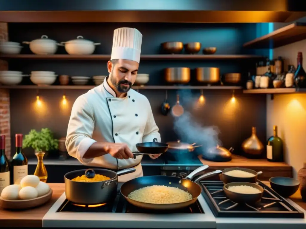 Chef preparando risotto en cocina italiana tradicional Un chef experto remueve un risotto cremoso en una cocina italiana rústica, rodeado de vinos, en una escena que evoca la tradición culinaria italiana