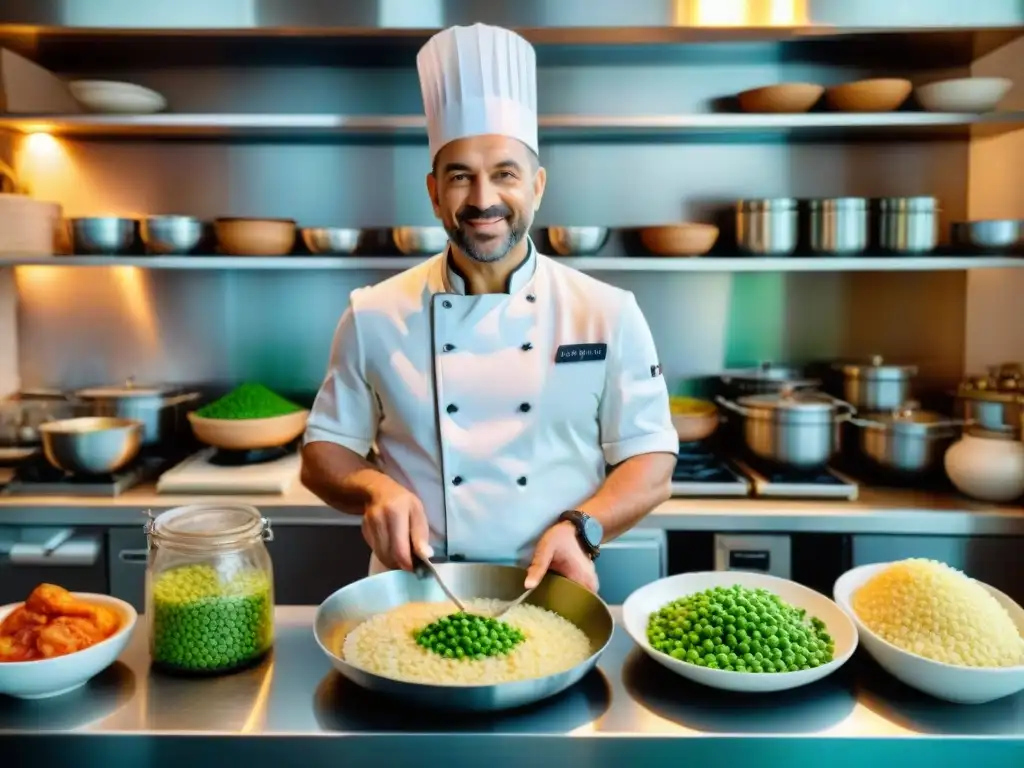Chef experto preparando risotto cremoso con camarones y guisantes en una cocina italiana vibrante Chef experto preparando risotto italiano tiempo récord con guisantes verdes y camarones suculentos en una bulliciosa cocina italiana