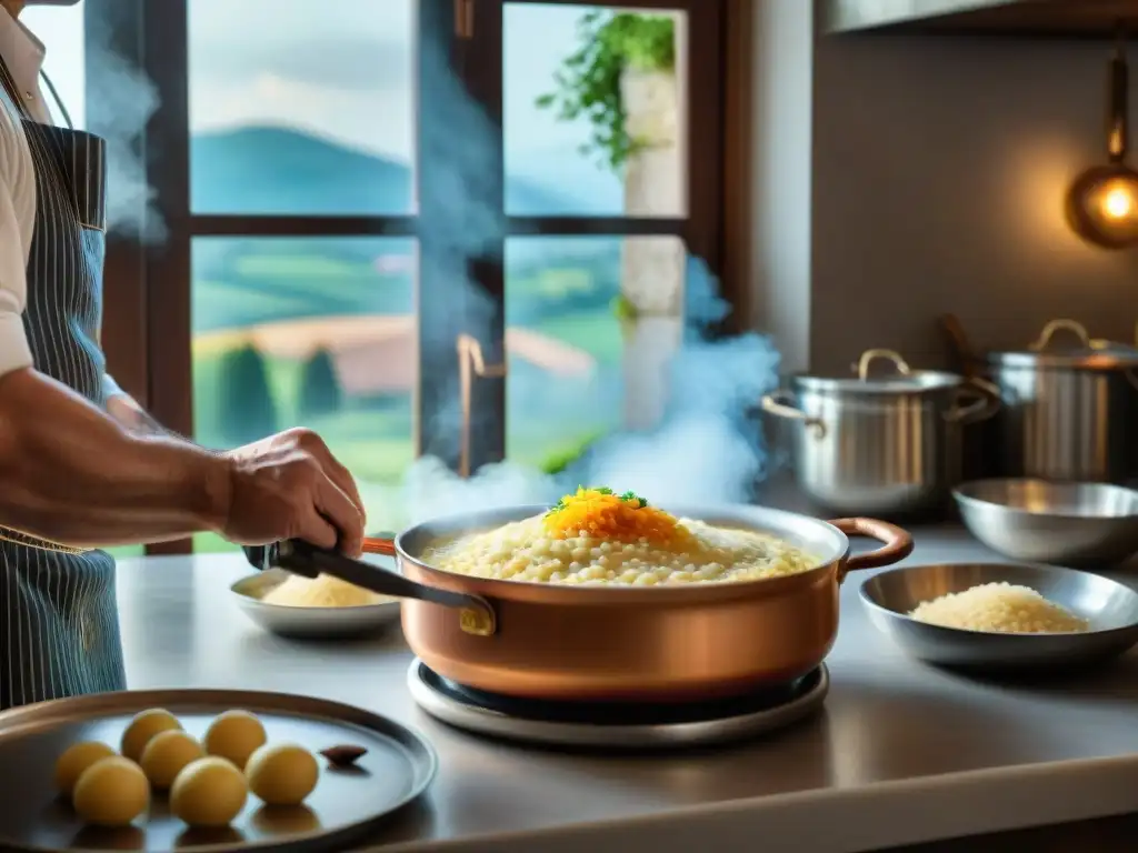 Un chef experto prepara risotto Lombardo en una cocina italiana tradicional