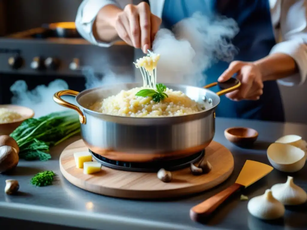 Chef experto preparando risotto perfecto con Arborio, champiñones y queso parmesano en cocina italiana bulliciosa