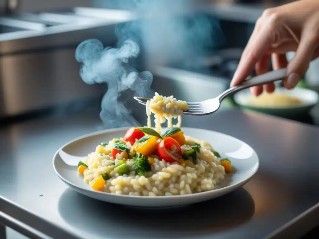 Un chef experto remueve un risotto de verduras bajo calorías en una cocina moderna