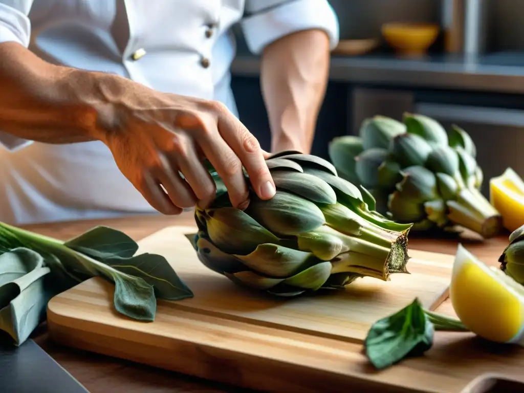 Un chef experto prepara alcachofas a la romana, resaltando los beneficios de este platillo clásico italiano