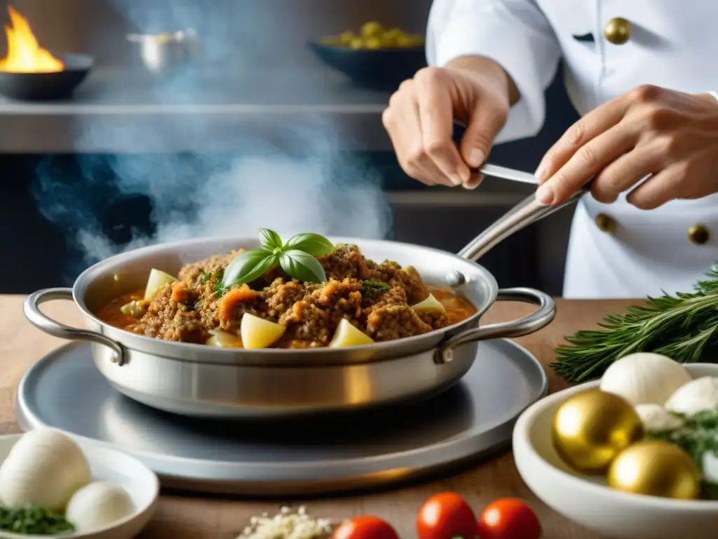 Un chef experto preparando Trippa alla Romana en una cocina italiana tradicional, siguiendo la receta tripa italiana paso a paso