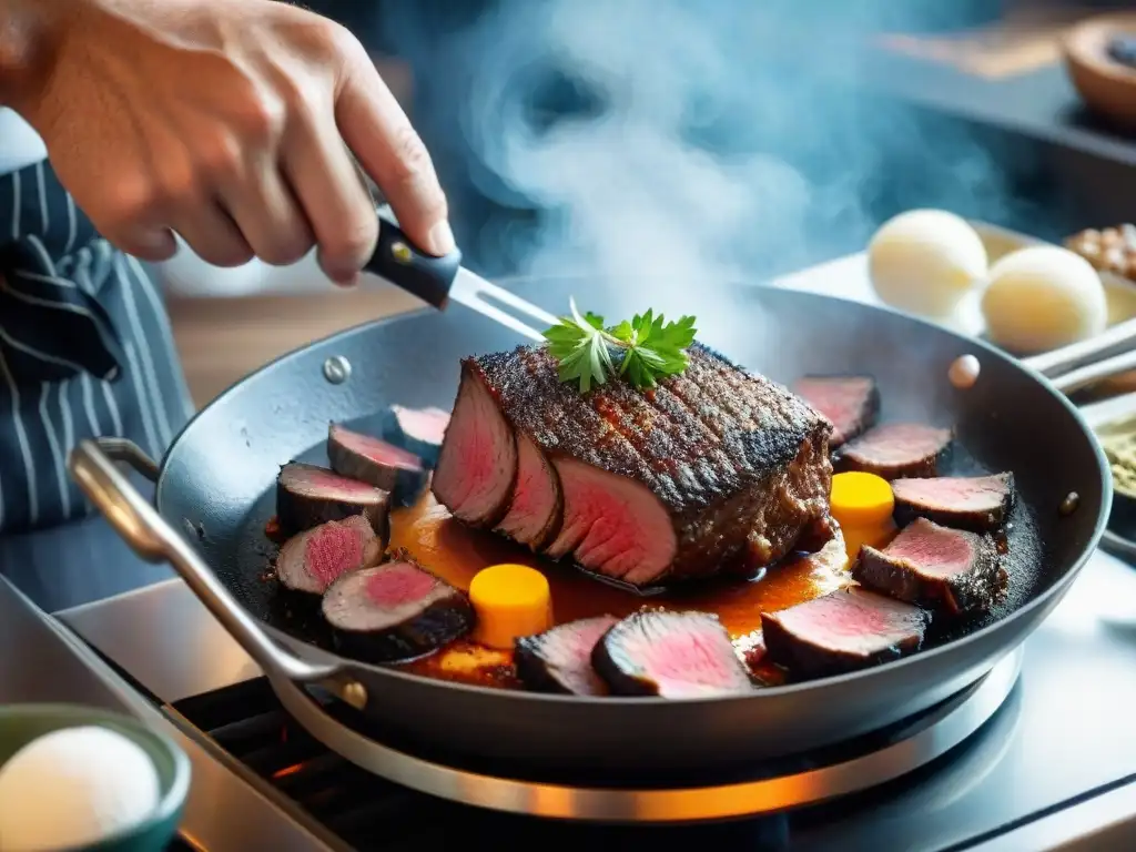 Un chef experto sazona con maestría carne de jabalí en una sartén, creando sabores intensos en la cocina de Umbría