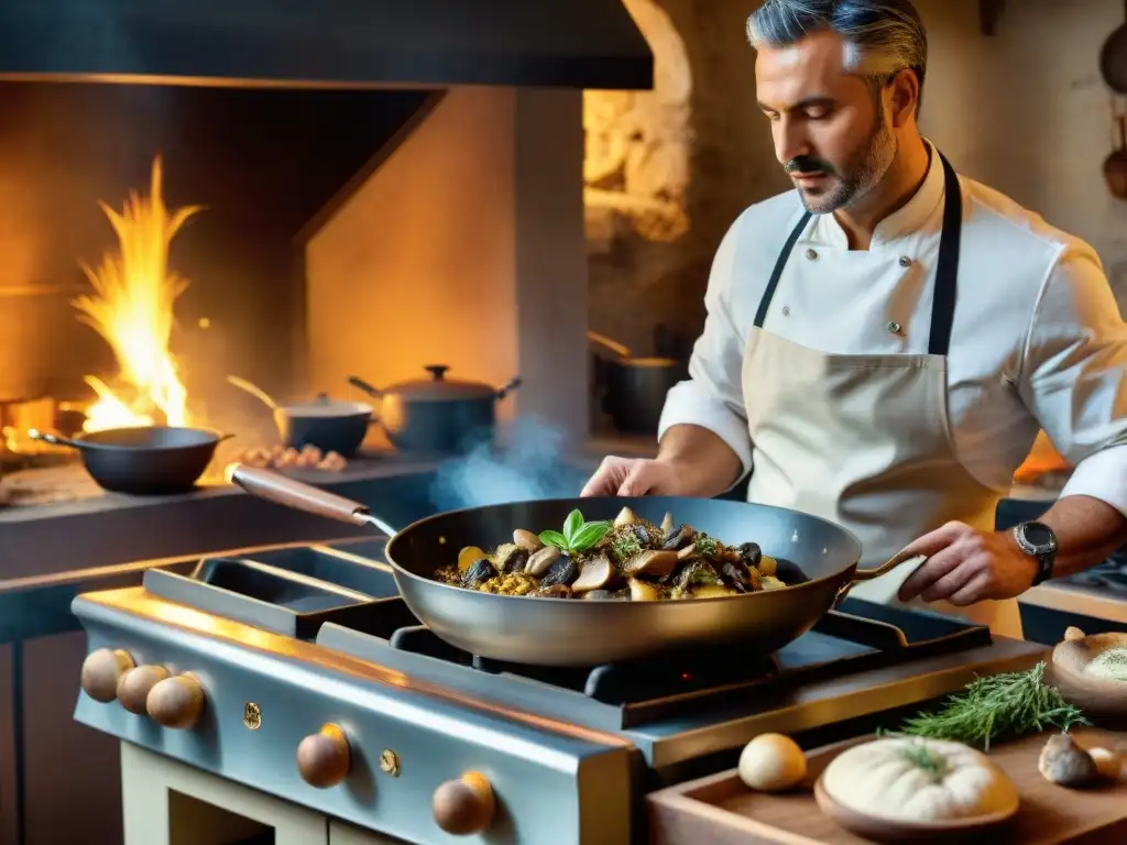 Un chef experto prepara sabores intensos en cocina de Umbría con champiñones, trufas y hierbas frescas en sartén caliente