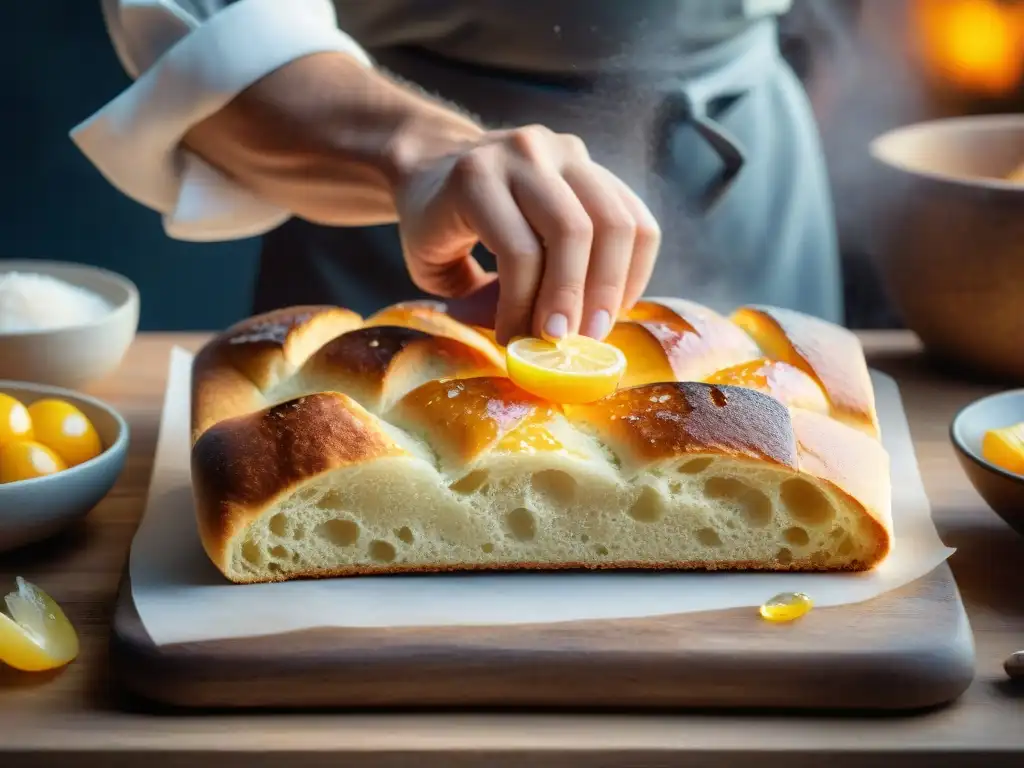 Chef experto espolvoreando sal marina sobre focaccia recién horneada, mostrando su dorada corteza bajo cálida iluminación