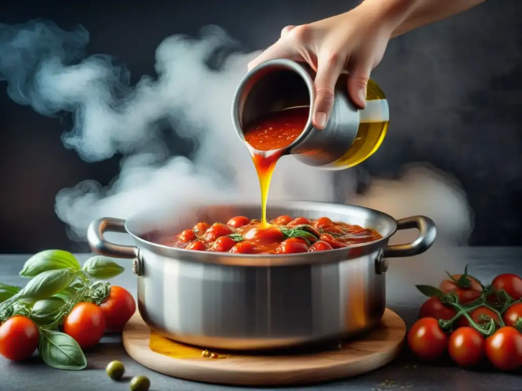 Chef experto preparando salsa italiana casera con tomates, albahaca y ajo en olla burbujeante