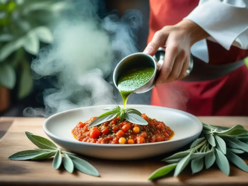 Un chef experto añade salvia fresca a una salsa de tomate casera, resaltando la esencia de la cocina italiana