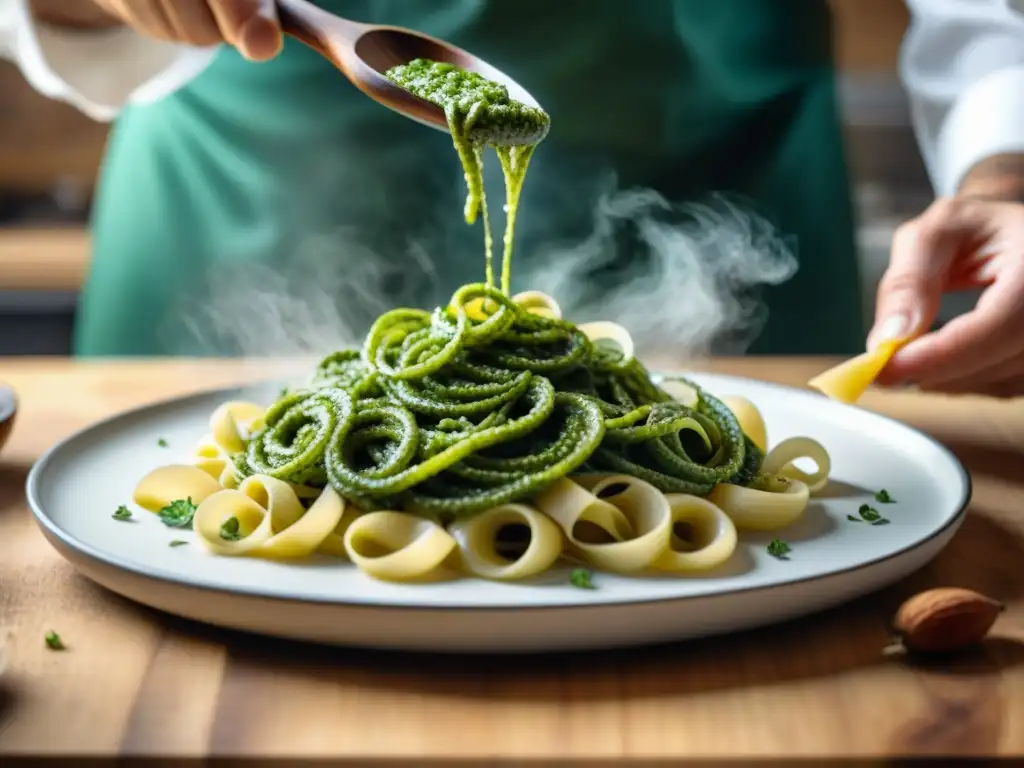 Un chef experto en salsas italianas tradicionales y modernas vierte con destreza pesto verde sobre pasta al dente, en una cocina auténtica y acogedora