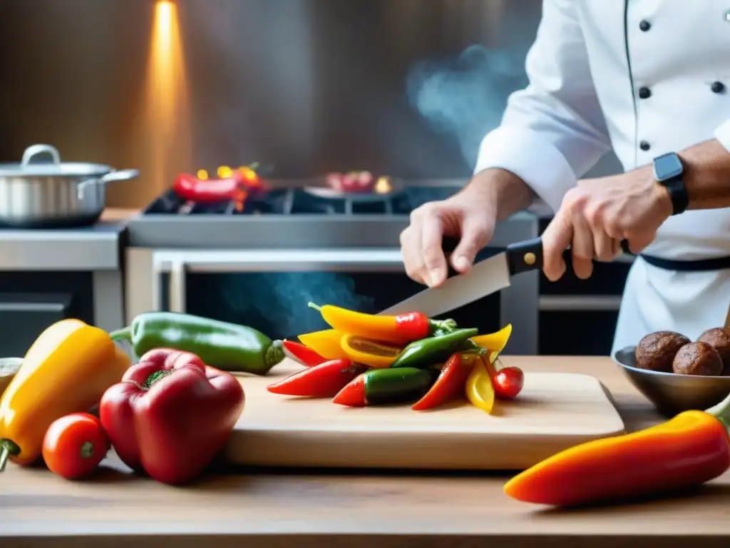 Un chef experto cortando salsiccia e peperoni en una cocina italiana rústica