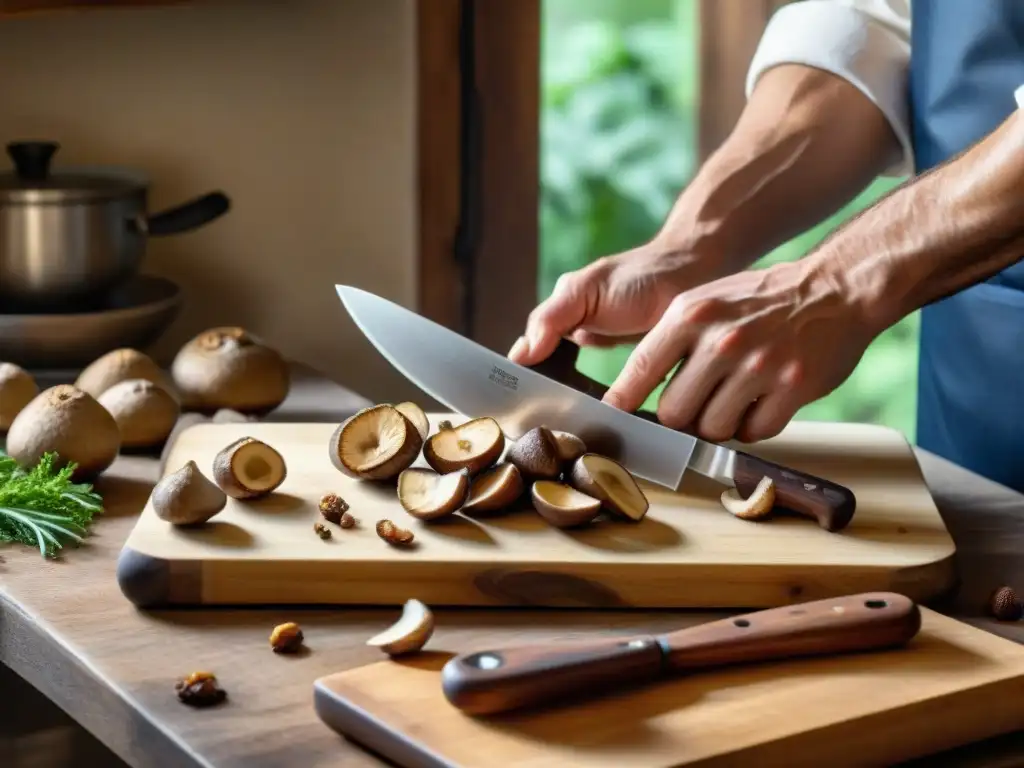 Un chef experto cortando setas shiitake frescas en una cocina italiana rústica