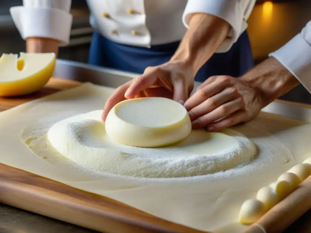 Un chef experto crea una sfoglia di mozzarella, mostrando la tradición culinaria italiana