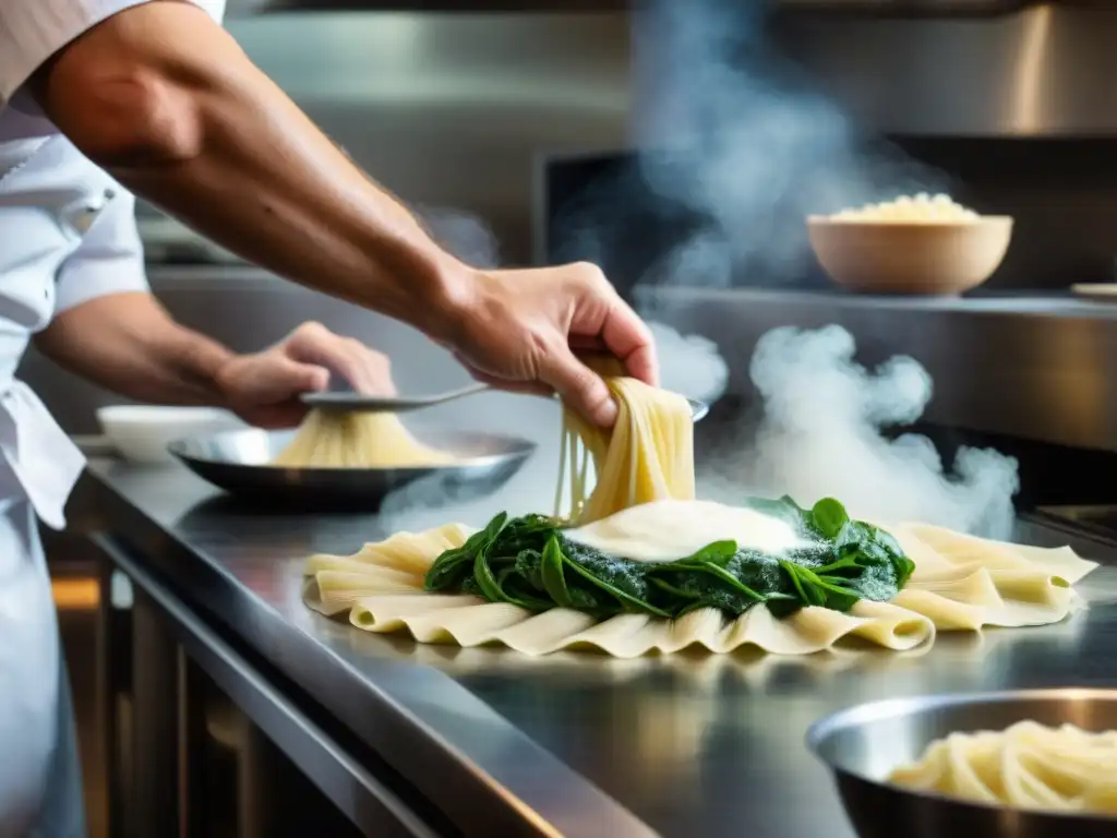 Un chef experto prepara sorrentinos en una cocina gourmet, creando un ambiente dinámico y vibrante