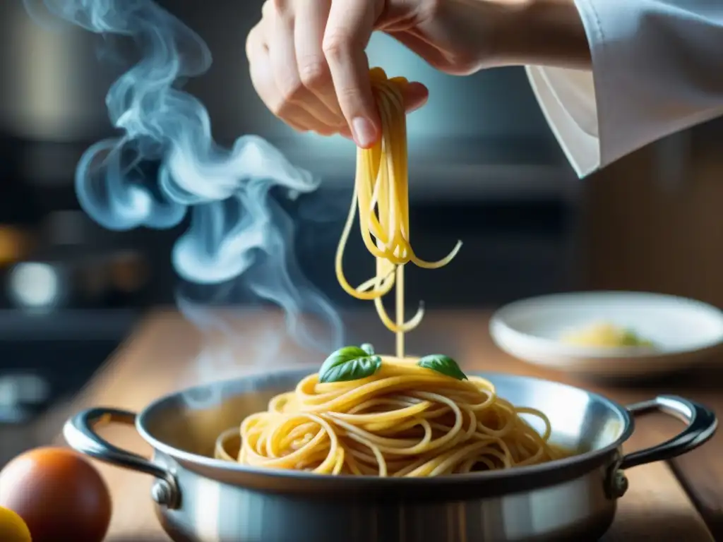 Chef experto elevando spaghetti al dente de la olla