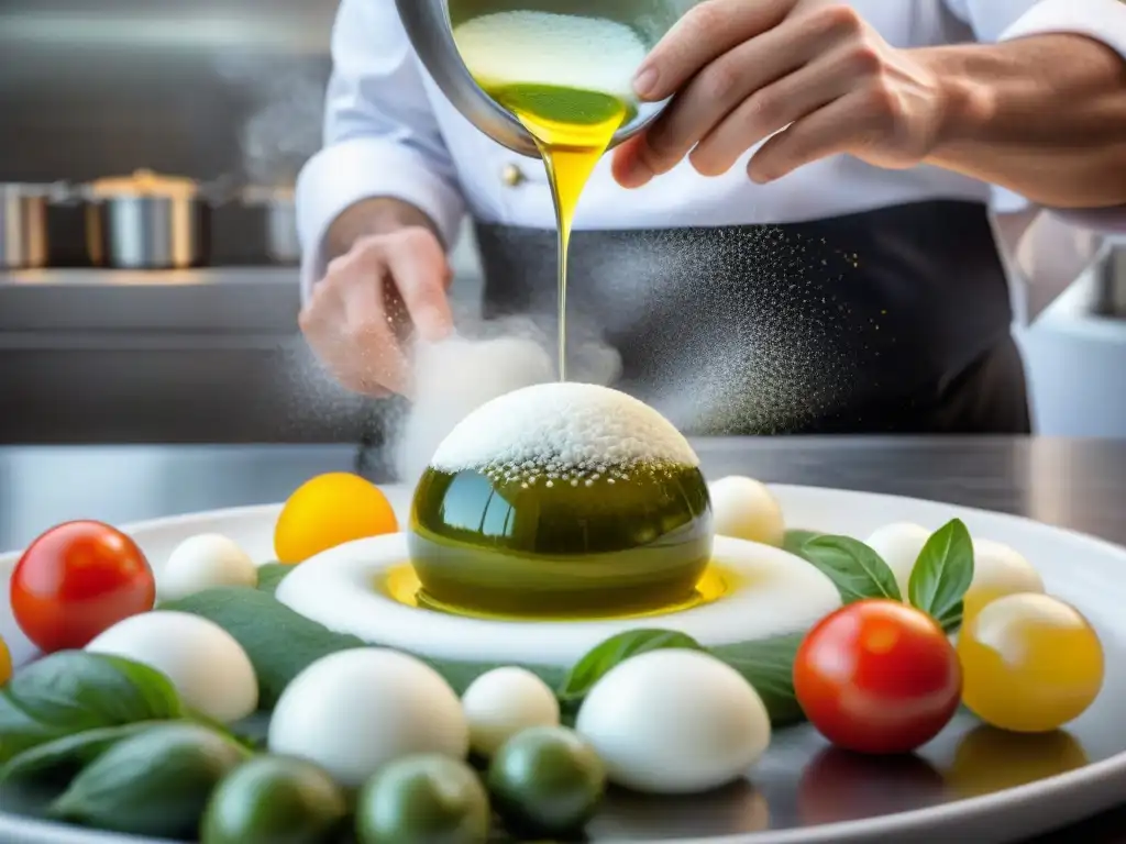 Un chef experto en una técnica de esferificación de aceite en cocina italiana moderna