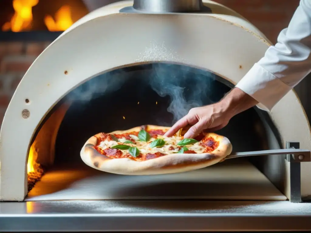 Un chef experto en técnicas de cocina italiana avanzadas estira y lanza masa de pizza en el aire frente a un horno de leña tradicional brillante