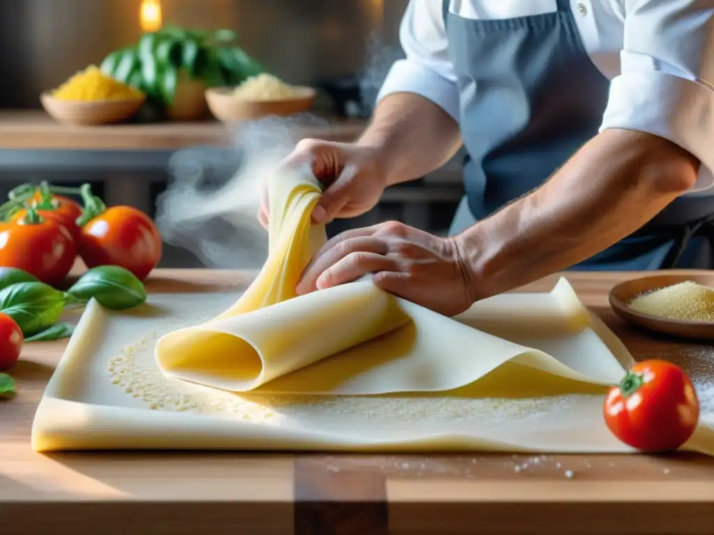 Un chef experto en técnicas de cocina italiana eficientes amasa finas láminas de pasta casera sobre una encimera de madera, rodeado de ingredientes frescos y luz natural cálida