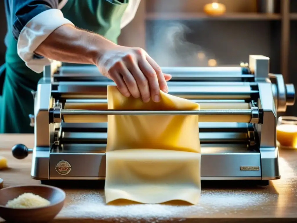 Chef experto en técnicas de cocina italiana avanzadas, estira fino la masa fresca a través de máquina vintage de pasta