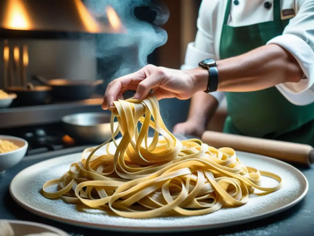 Un chef experto crea tagliatelle con técnicas innovadoras en cocina italiana, mostrando arte y dedicación