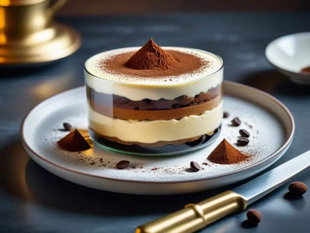 Un chef experto muestra técnicas del inolvidable postre italiano tiramisú en una imagen detallada y exquisita