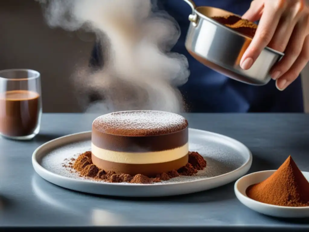 Un chef experto aplicando técnicas en la preparación de un inolvidable tiramisú italiano en una cocina auténtica y bulliciosa