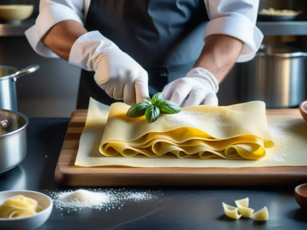 Un chef experto en técnicas de repostería italianas fusionadas elabora una lasaña tradicional