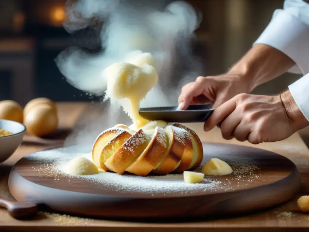 Chef experto preparando Supplì al Teléfono Romanos con precisión y destreza en cocina rústica italiana