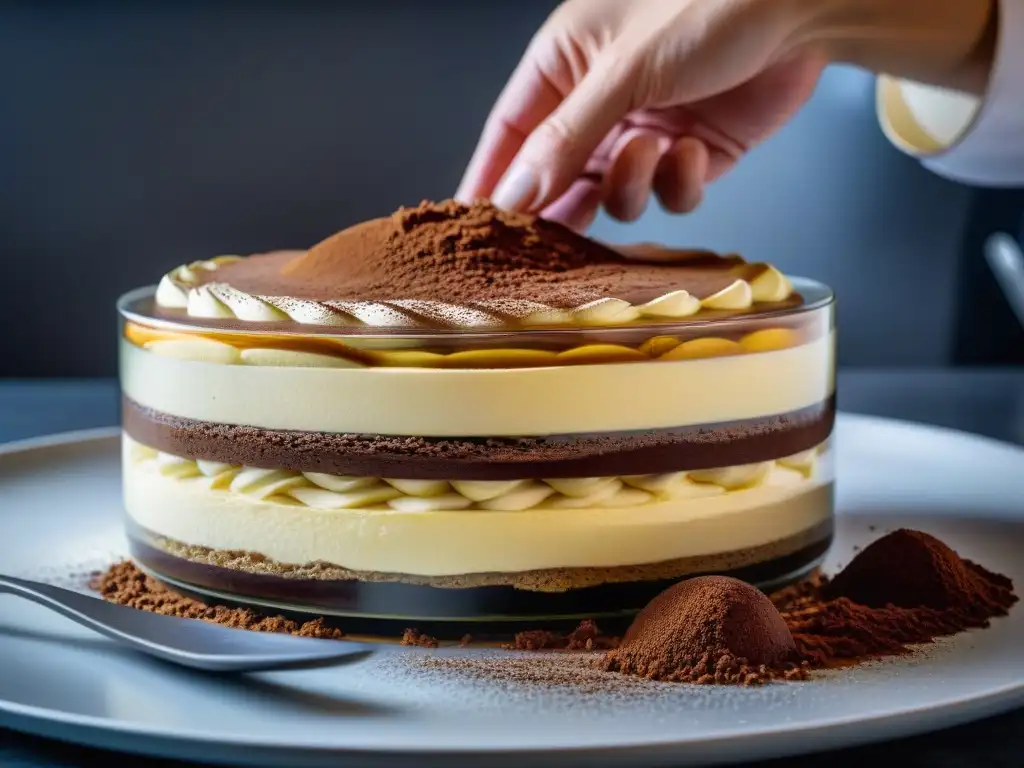 Un chef experto moldea un tiramisú artesanal en una cocina moderna con tecnología culinaria avanzada, destacando técnicas de cocina italiana avanzadas