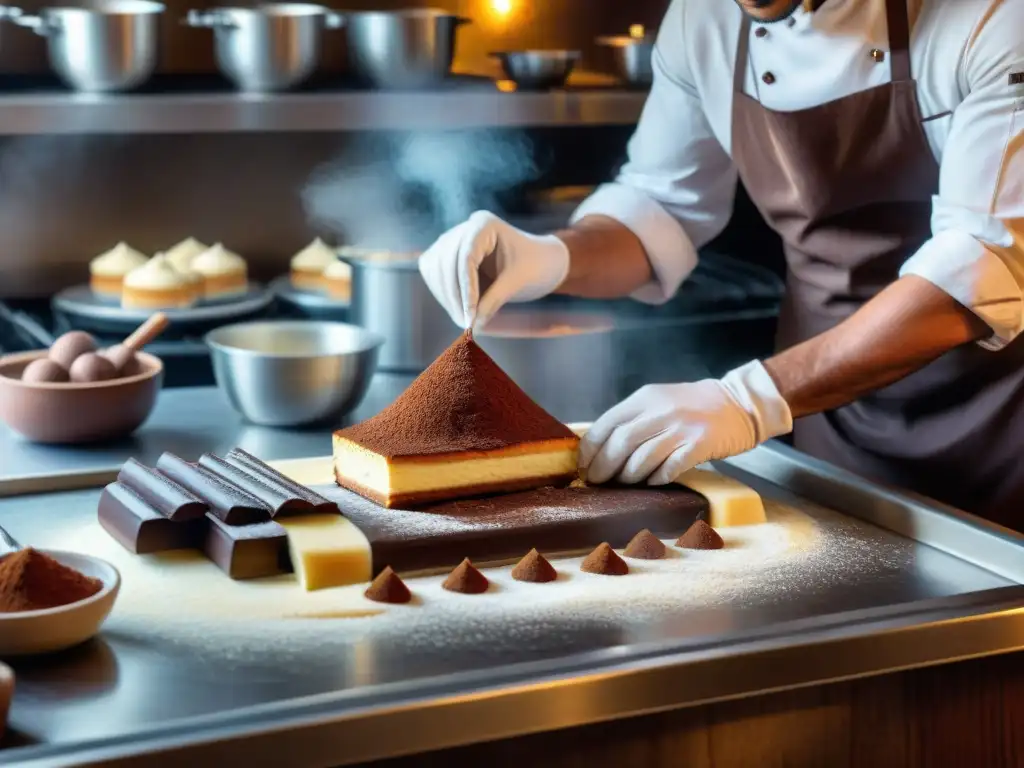 Un chef experto prepara un tiramisú en una bulliciosa cocina italiana