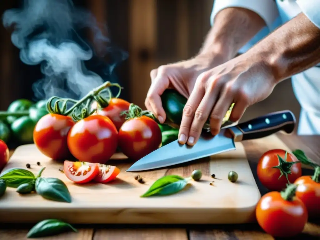 Un chef experto cortando tomates rojos con los mejores cuchillos cocina italiana en una cocina rústica con ingredientes tradicionales italianos