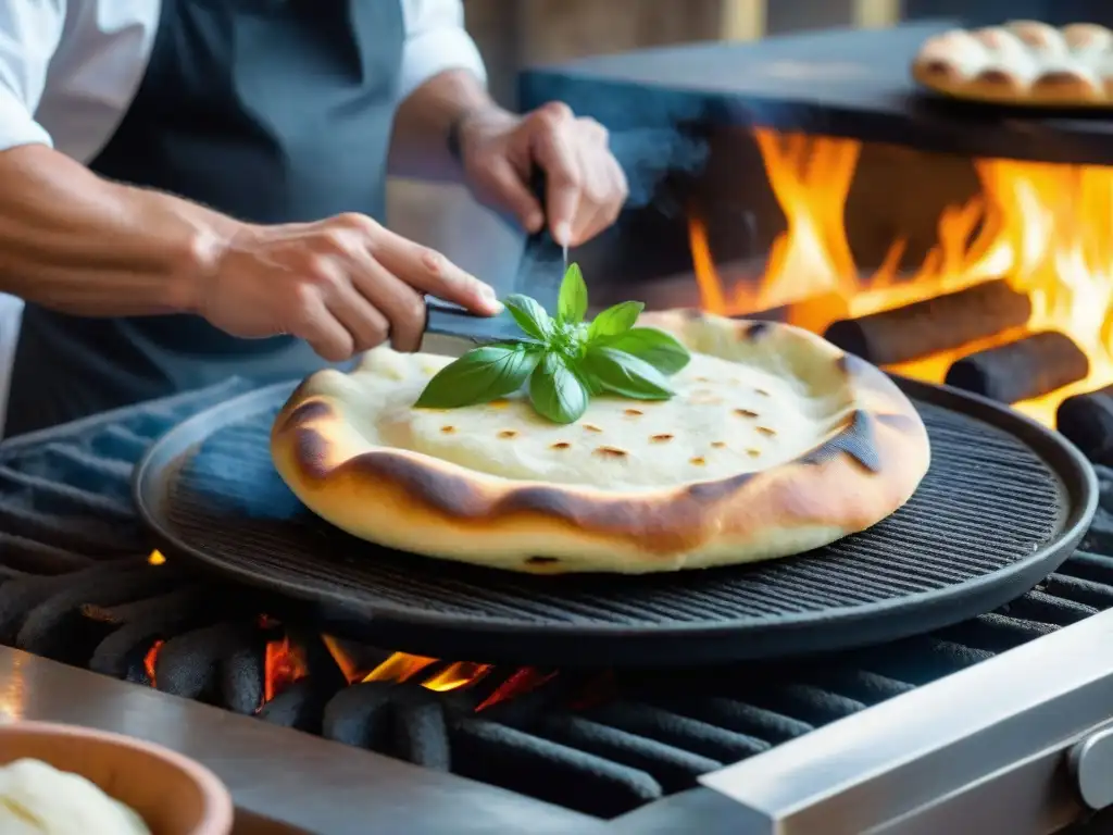 Un chef experto moldeando una Torta al Testo receta tradicional en Umbria, Italia