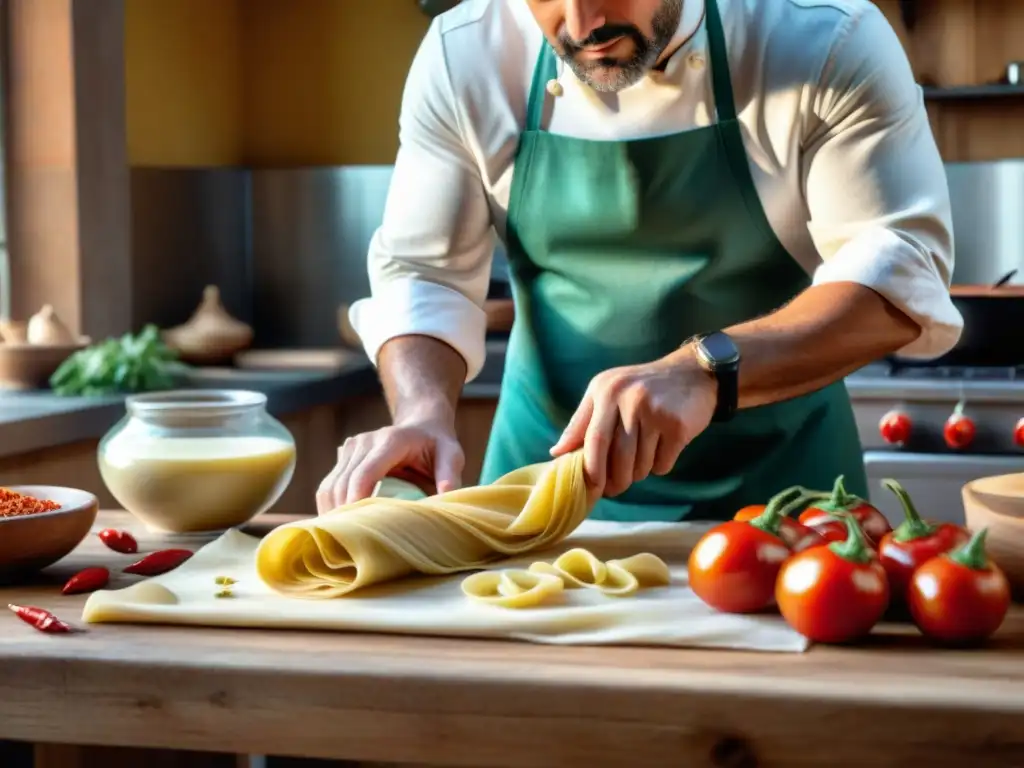 Un chef experto elaborando tortellini en una cocina italiana rústica, con ingredientes frescos