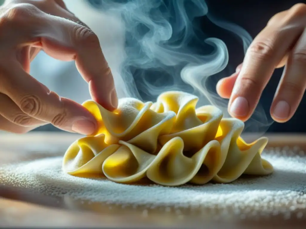 Chef experto moldeando tortellini con destreza, en un ambiente moderno